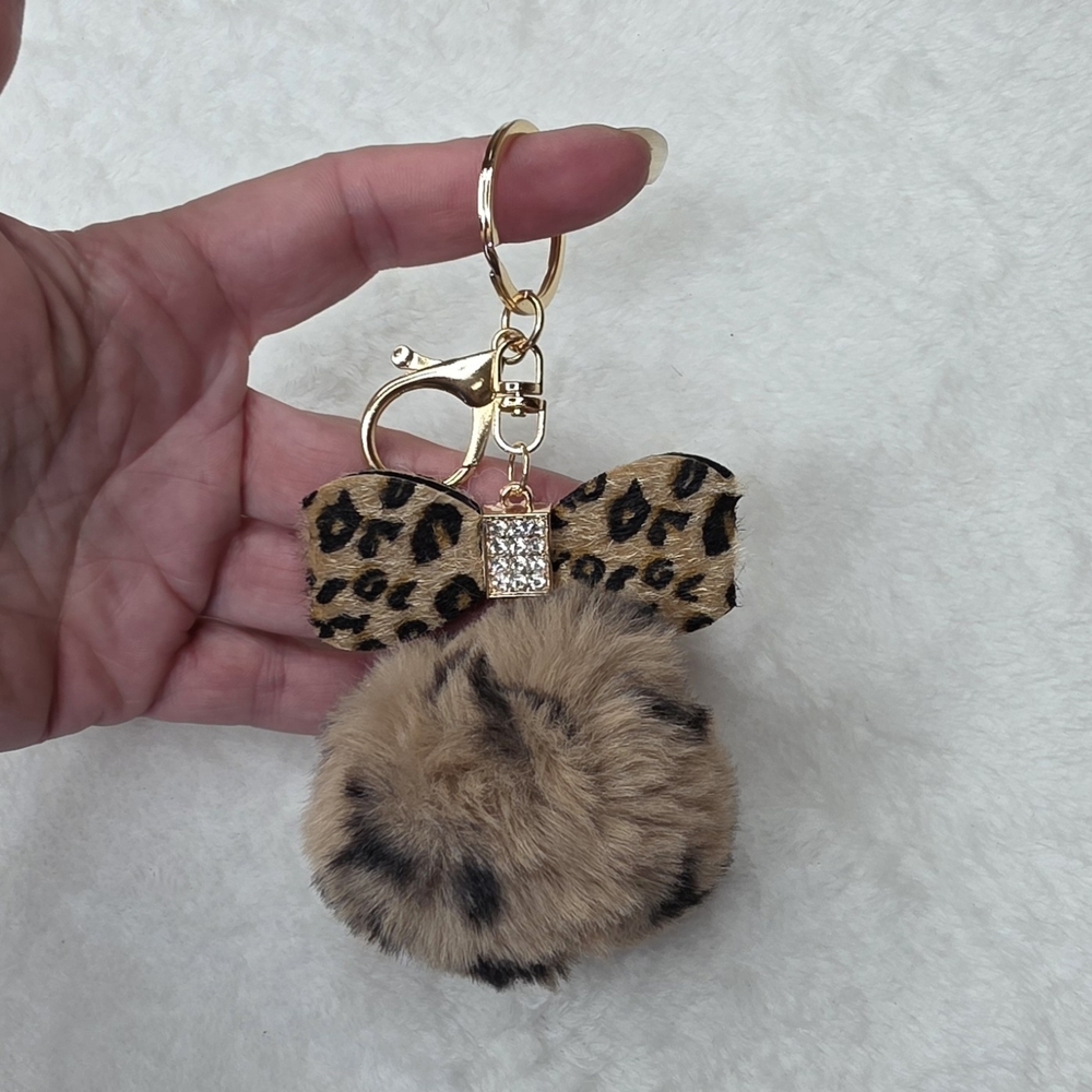 Leopard Print Bow Pompom Bag Purse Backpack Charm Keychain